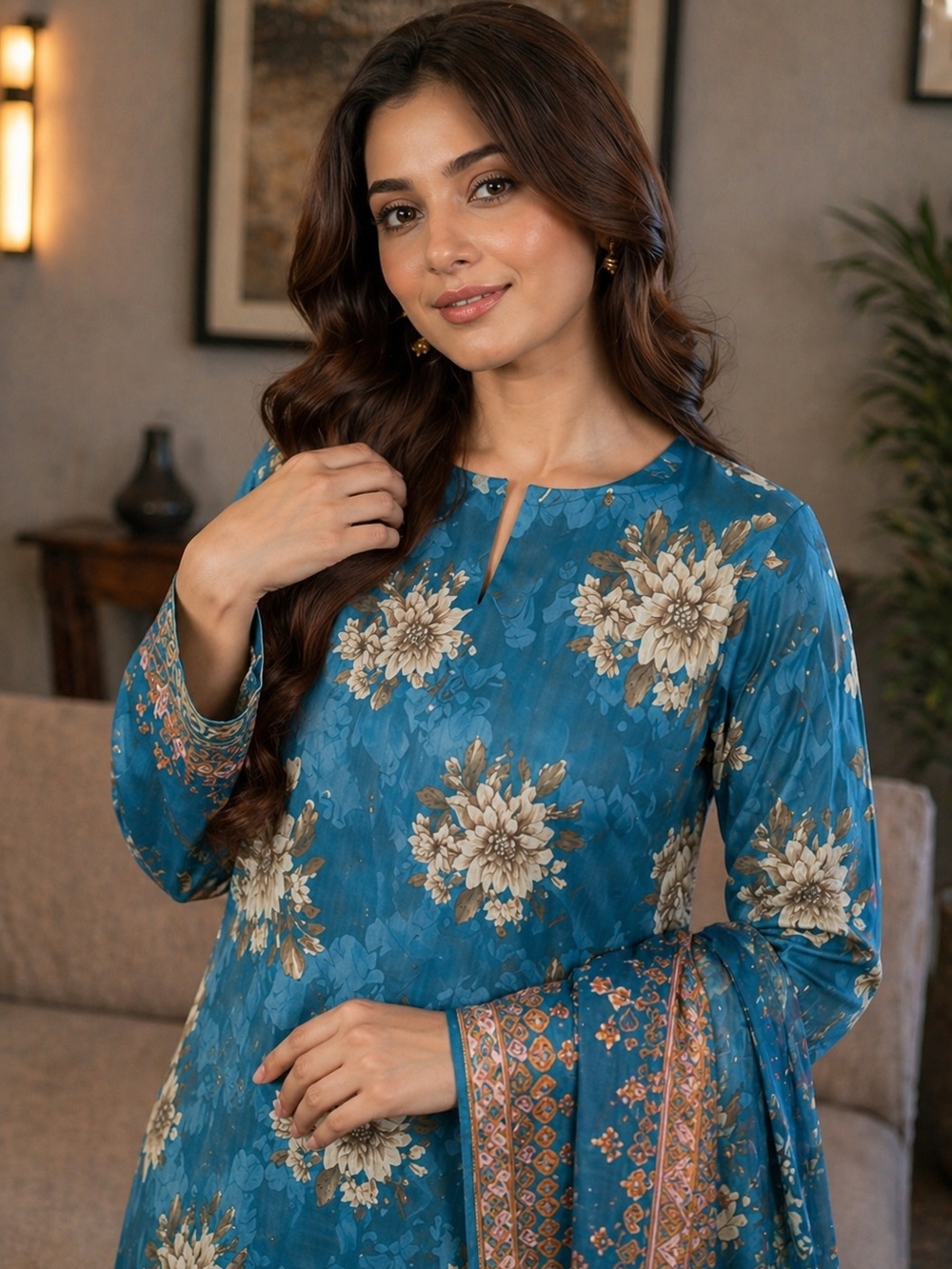Elegant Teal Floral Lawn 3-Piece Suit – Unstitched