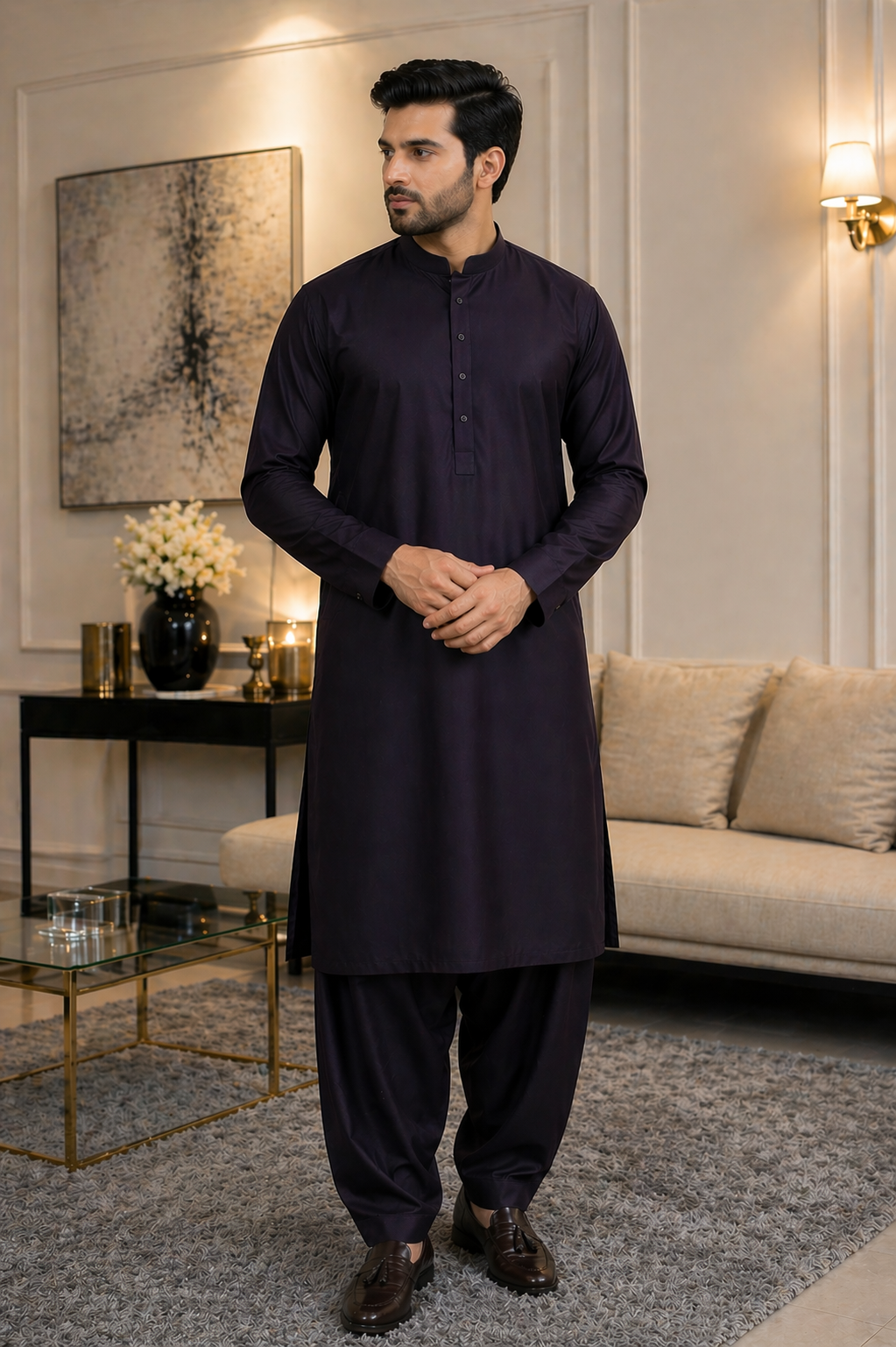 Midnight Black Plum UNSTITCHED Premium Cotton Suit For men
