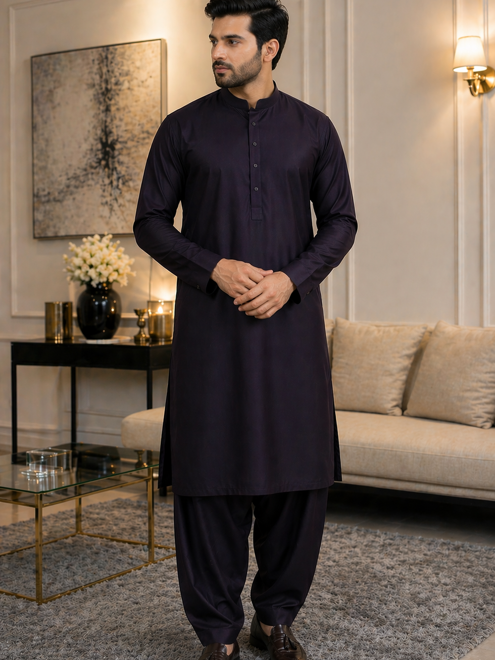 Midnight Black Plum UNSTITCHED Premium Cotton Suit For men