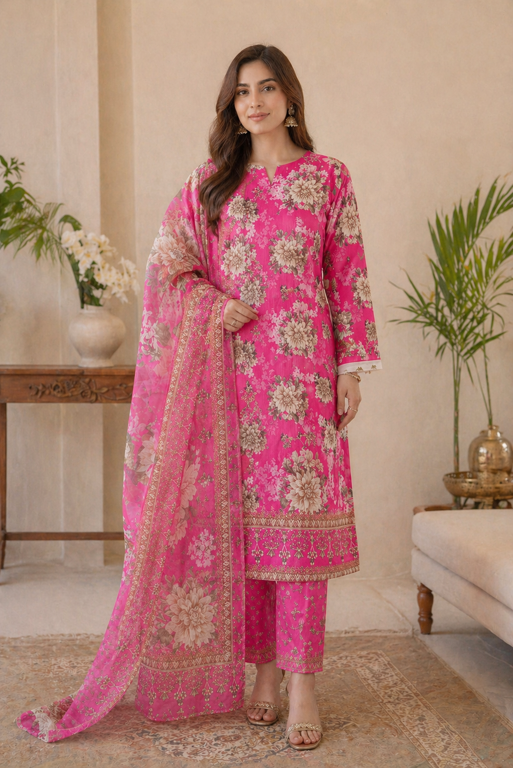 Elegant Pink Floral Lawn 3-Piece Unstitched Suit allover