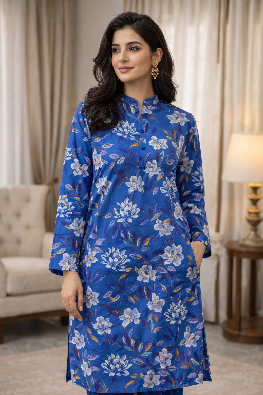 Blue Floral Unstitched Lawn 2 Piece Suit ALL OVER for Women – Elegant Summer Print