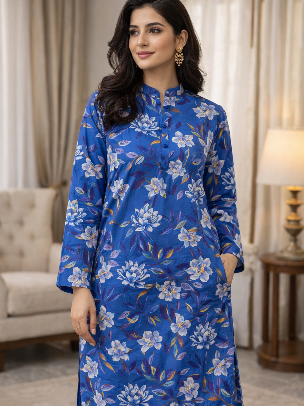 Blue Floral Unstitched Lawn 2 Piece Suit ALL OVER for Women – Elegant Summer Print