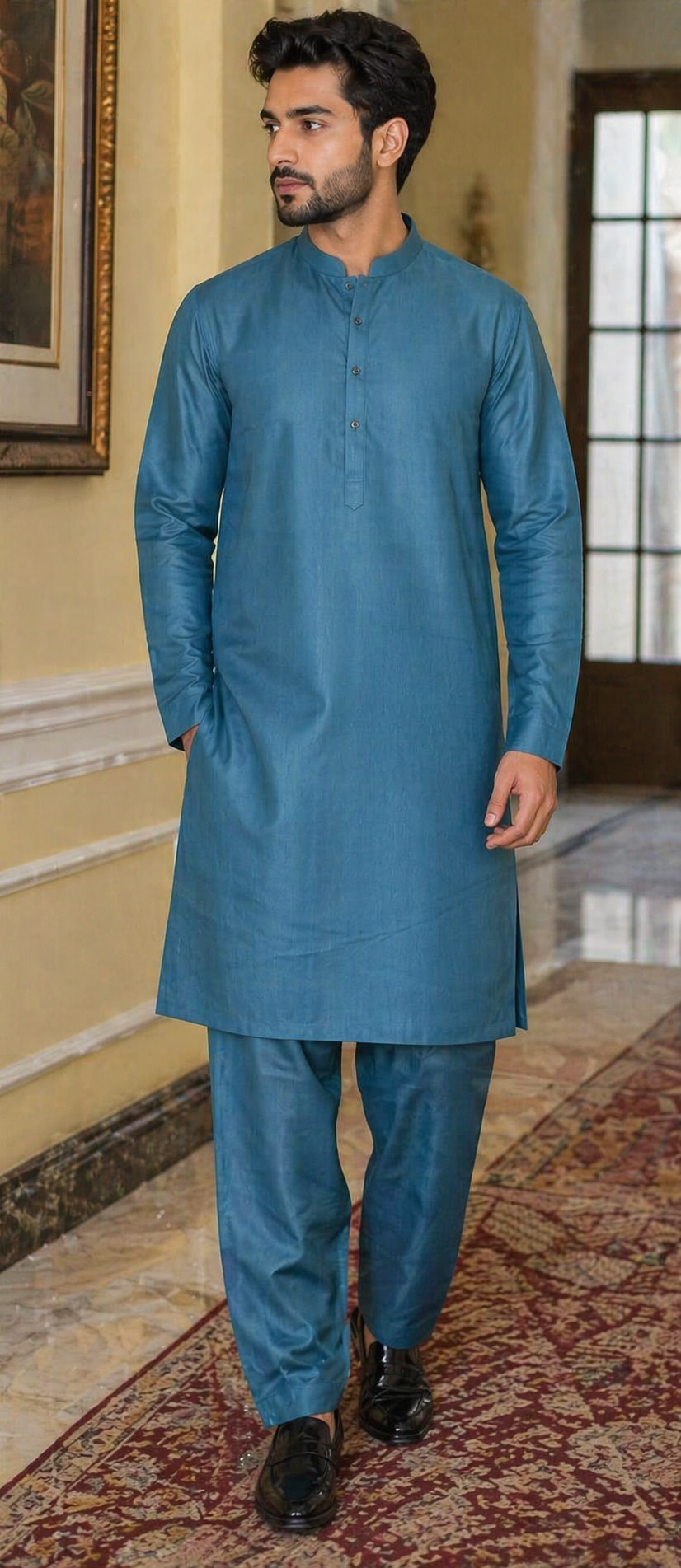 Teal Classic Cotton Unstitched Suit – Timeless Elegance for Men