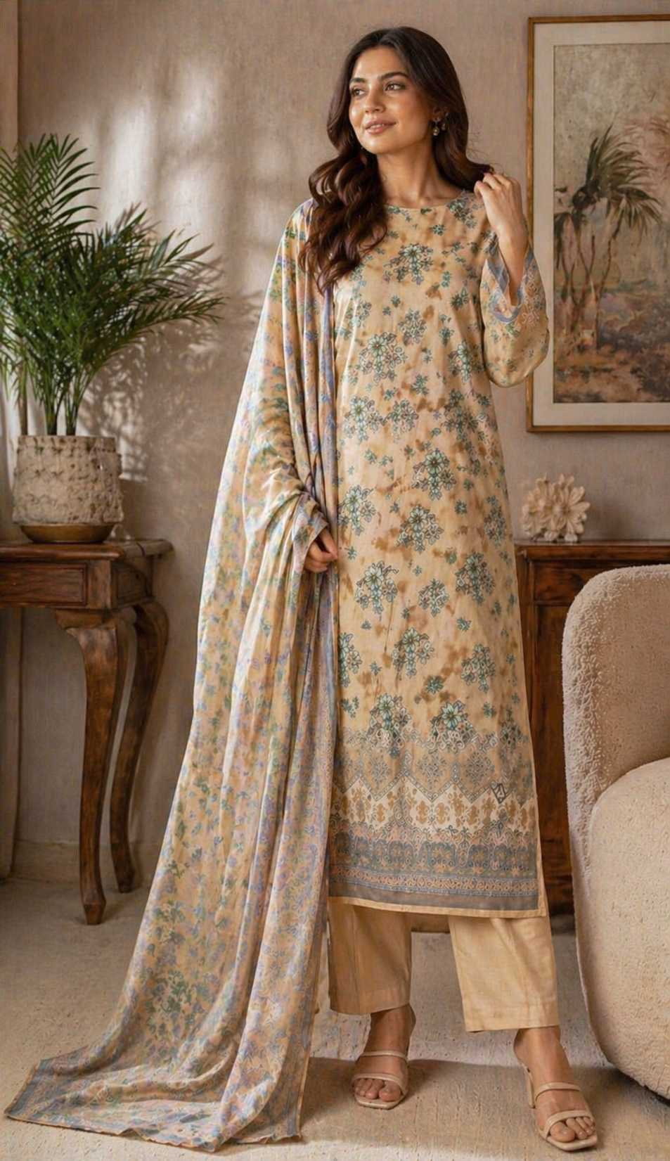 Elegant Beige Floral Lawn 3-Piece Unstitched Suit