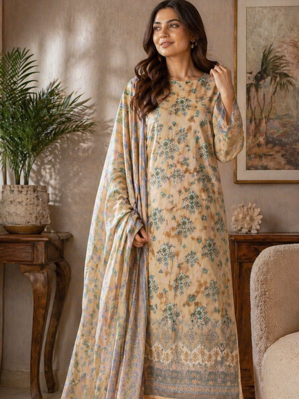 Elegant Beige Floral Lawn 3-Piece Unstitched Suit