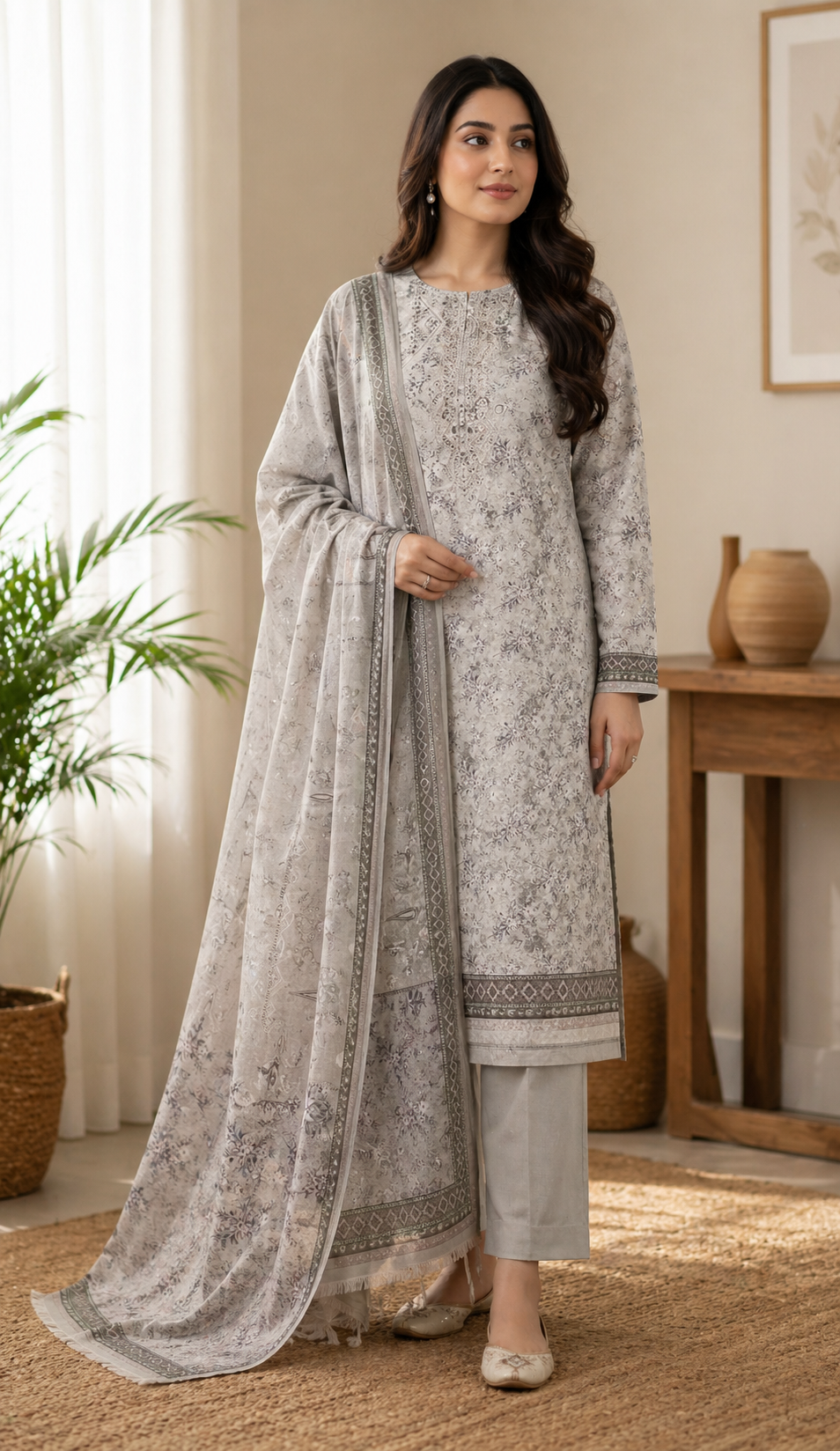 Elegant Grey Printed Lawn 3 Piece Unstitched Suit