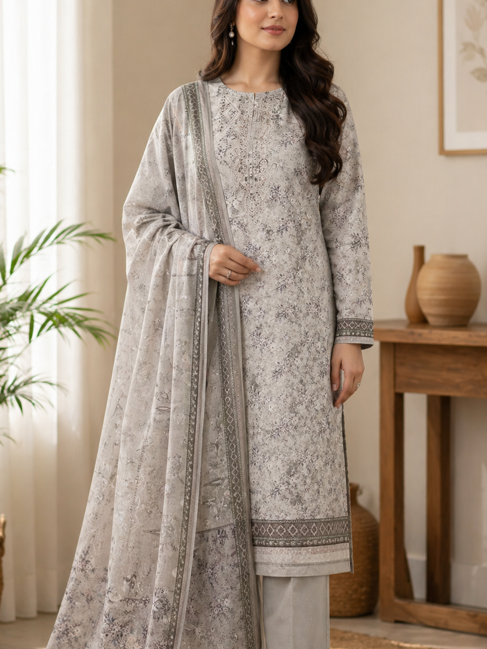 Elegant Grey Printed Lawn 3 Piece Unstitched Suit