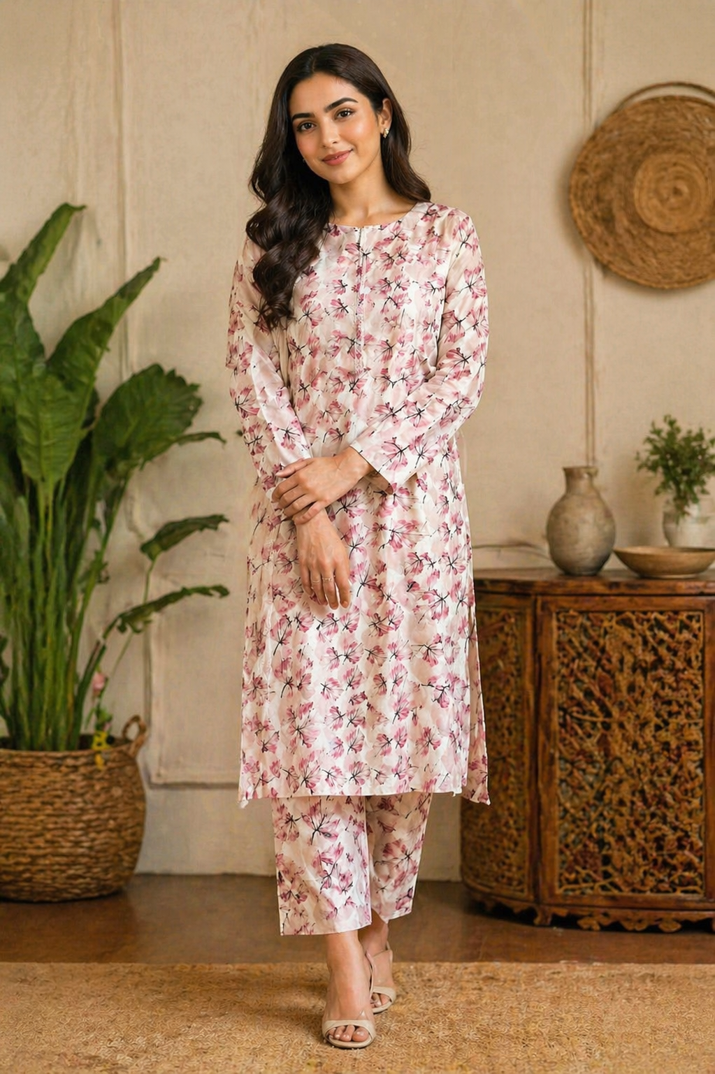 Elegant Floral Lawn Unstitched 2 piece Suit – Soft Pink Blossom Print