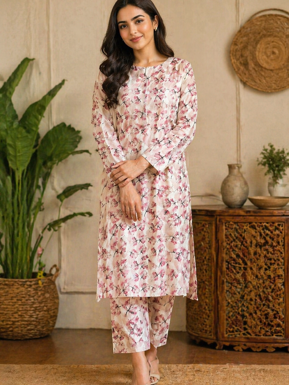 Elegant Floral Lawn Unstitched 2 piece Suit – Soft Pink Blossom Print