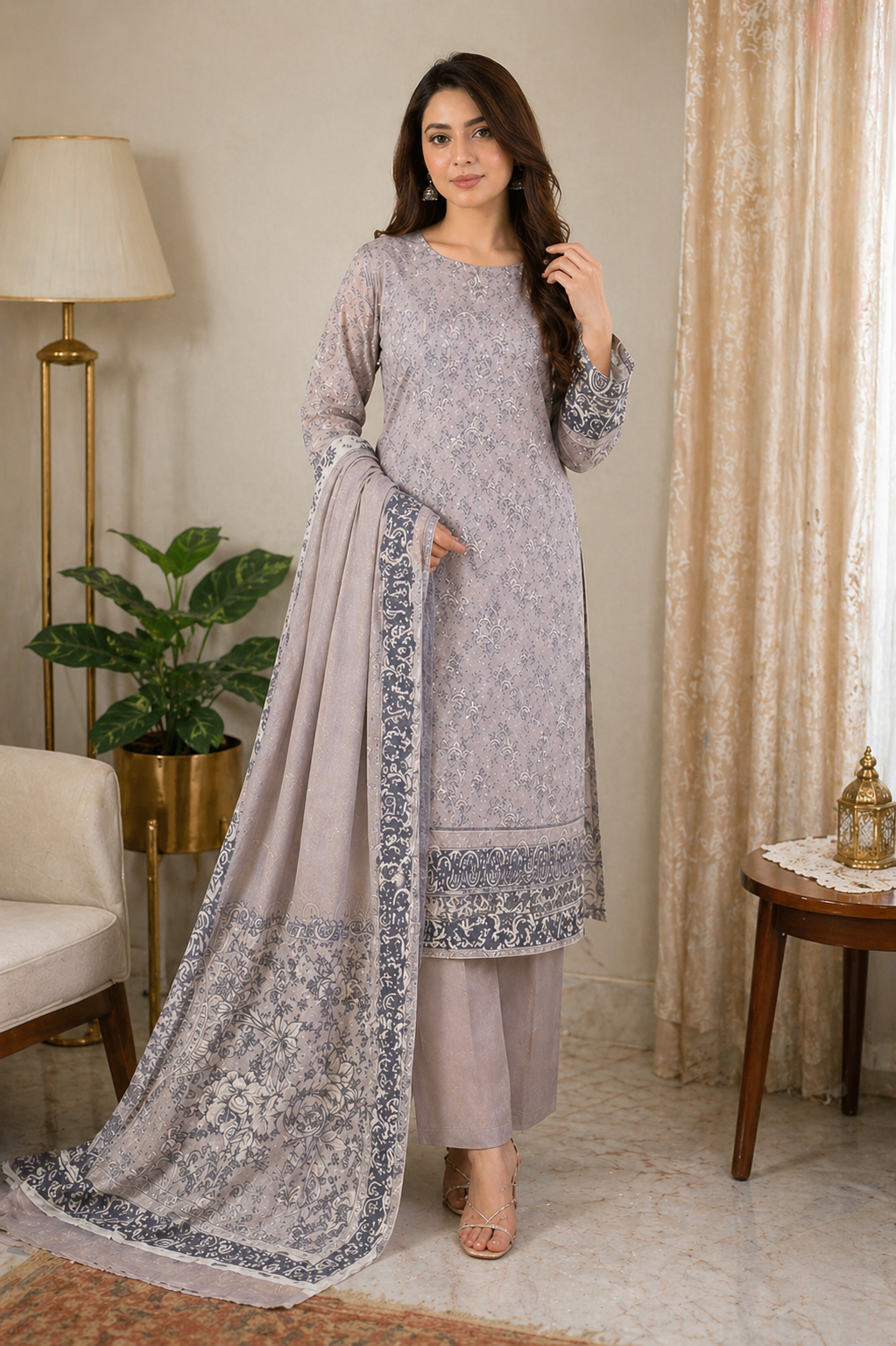 Minimal Grey Printed Lawn 3 Piece Suit