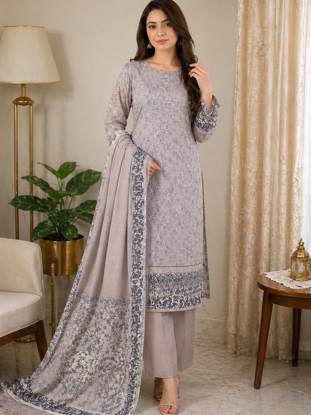Minimal Grey Printed Lawn 3 Piece Suit