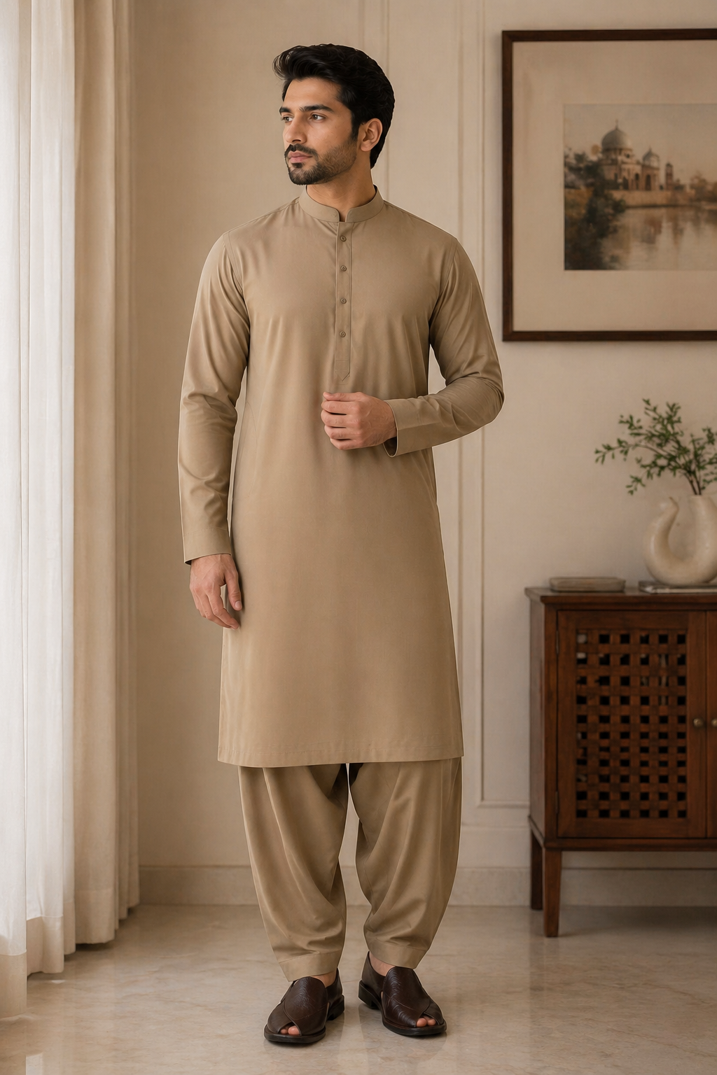Classic Beige Wash & Wear Unstitched Suit – Premium Men’s Fabric