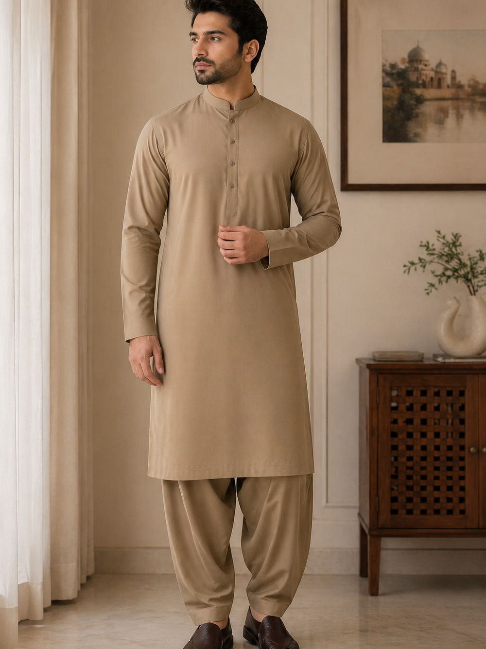 Classic Beige Wash & Wear Unstitched Suit – Premium Men’s Fabric