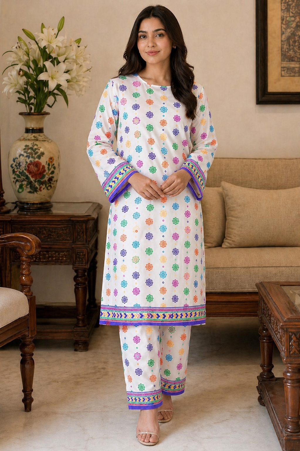Elegant White Lawn 2-Piece Suit with Multicolor Floral Print