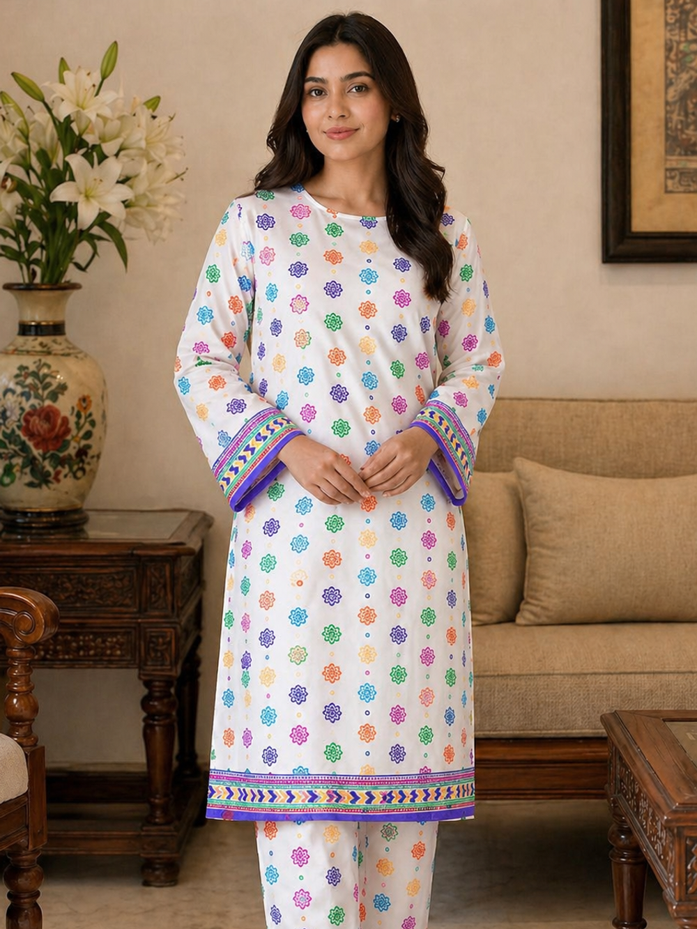 Elegant White Lawn 2-Piece Suit with Multicolor Floral Print