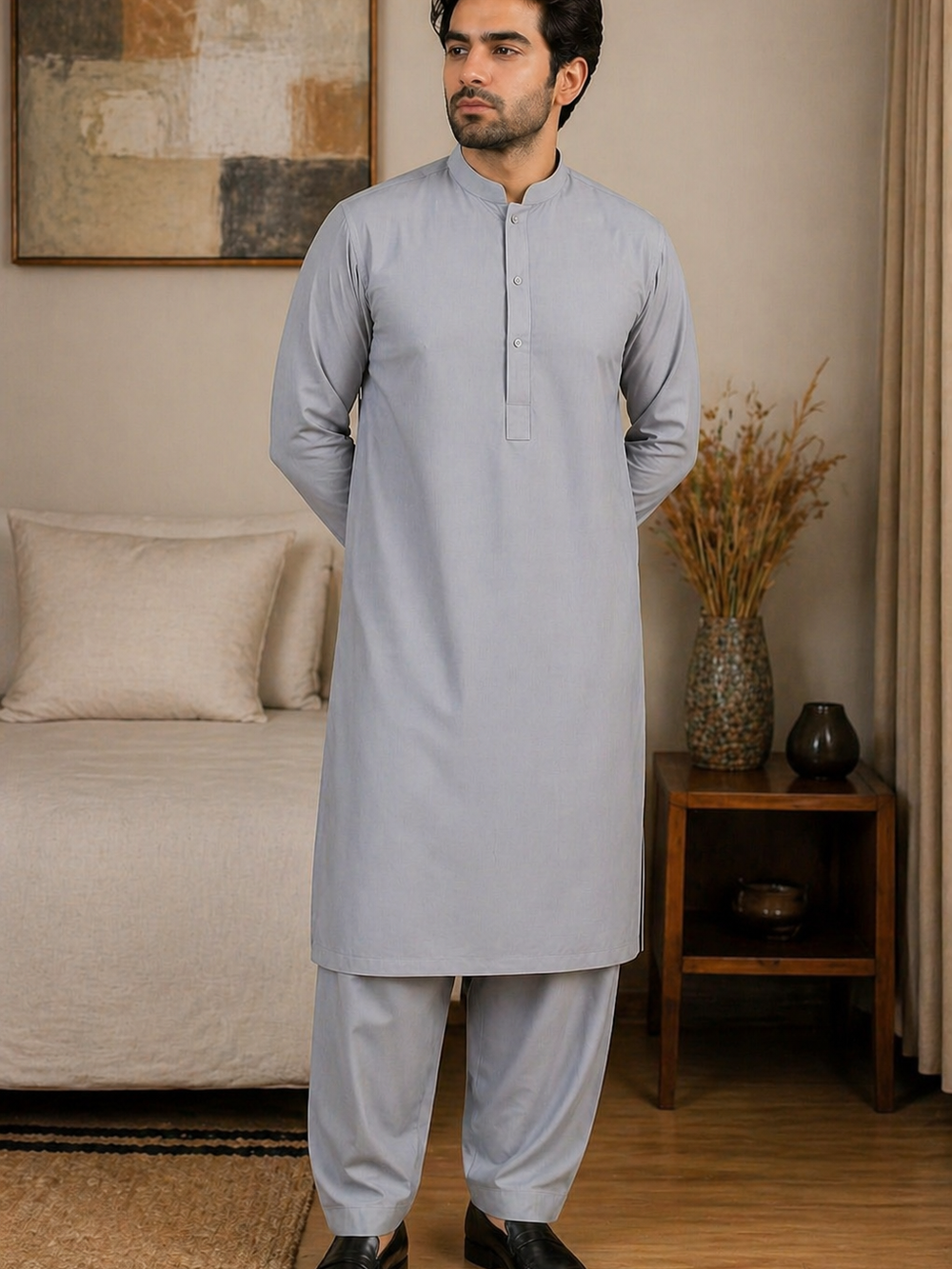 Premium Wash & Wear Unstitched Men’s Suit – Light Grey