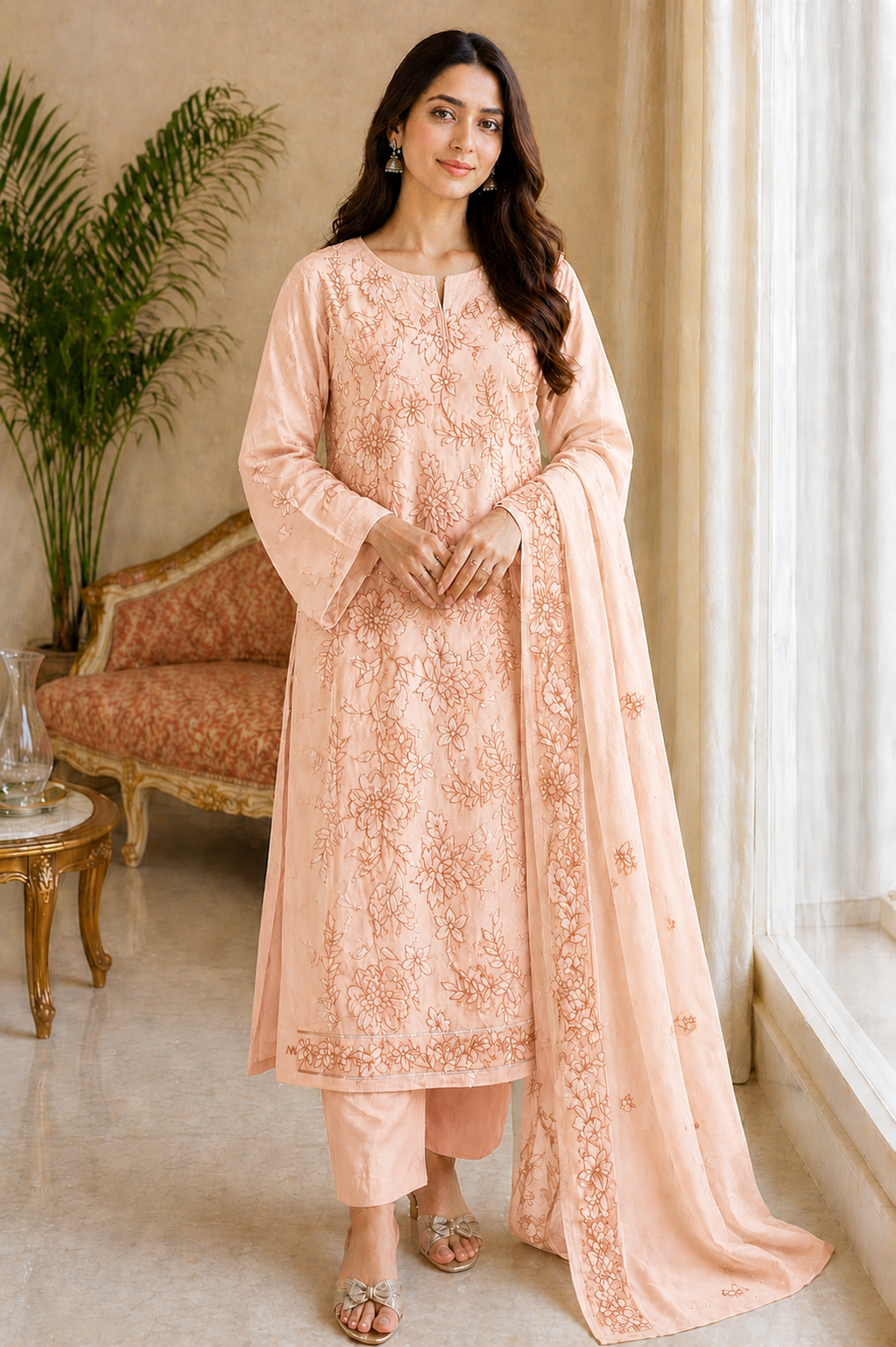 Light Peach Embroidered Lawn 3 Piece Unstitched Suit – Elegant Summer Wear