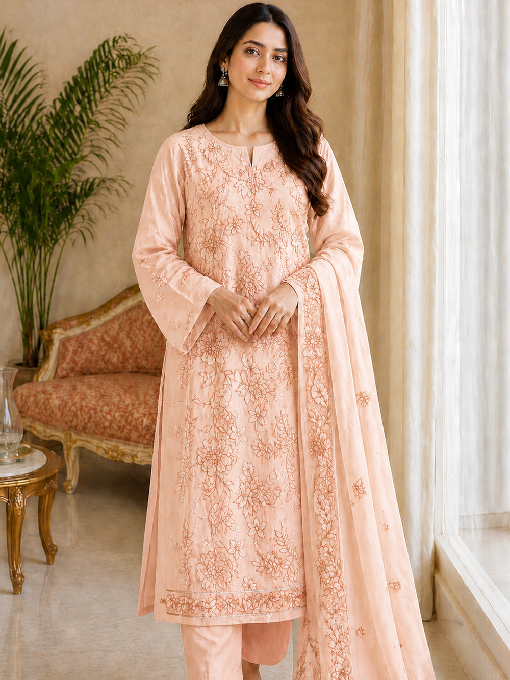 Light Peach Embroidered Lawn 3 Piece Unstitched Suit – Elegant Summer Wear
