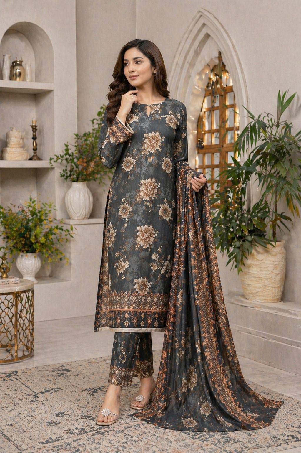 Elegant Floral Lawn 3PC Suit (Unstitched)