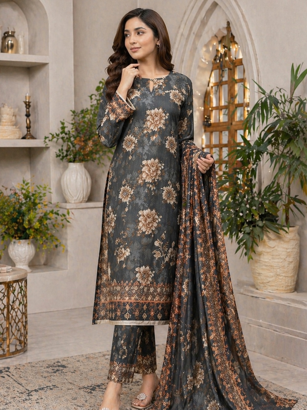 Elegant Floral Lawn 3PC Suit (Unstitched)