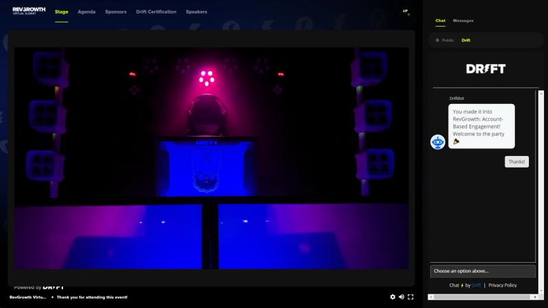 Example of Drift's RevGrowth event hosted on the B2B digital events platform Goldcast