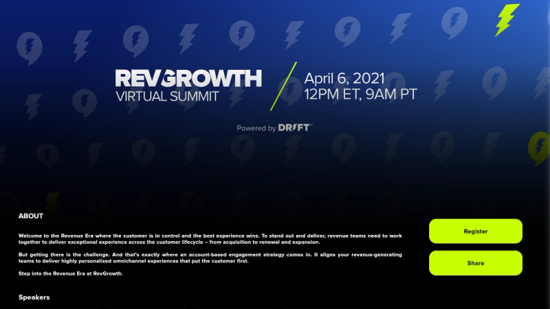 Drift's RevGrowth virtual summit hosted on Goldcast 