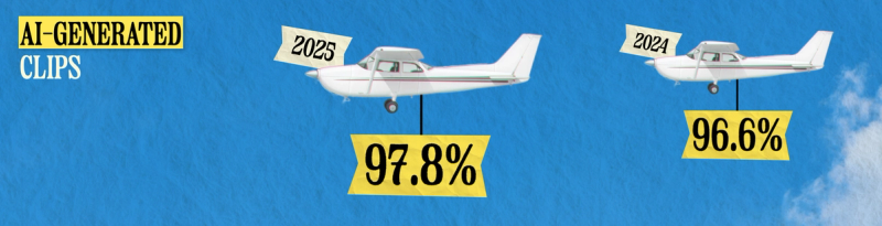 97.8% of all Content Lab clips were AI-generated in 2025 (357,364 clips).