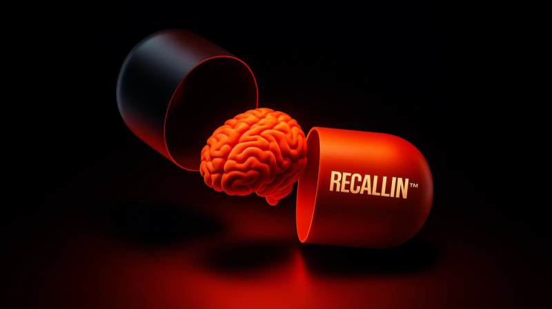 A brain inside an orange pill capsule with the word "RECALLIN" written on it, isolated on a black background, hyper-realistic, rendered with Octane, with volumetric lighting, high-resolution photography. mindshare marketing at Goldcast.