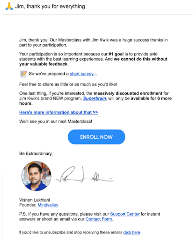 How Mindvalley sends post-webinar emails with a survey