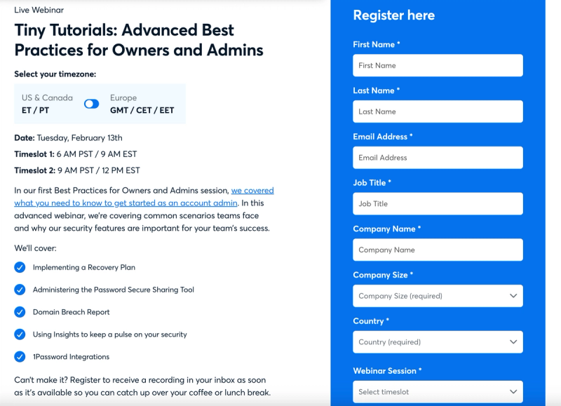 1Password Tiny Tutorials webinar registration page example 