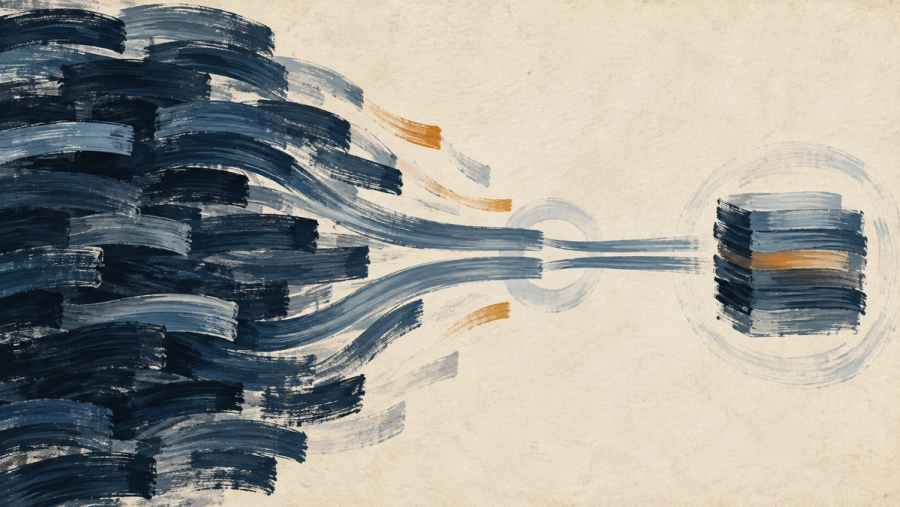 Dense archival brush strokes narrow through a supervisory review path into a sealed evidence pack, with amber marks highlighting risk