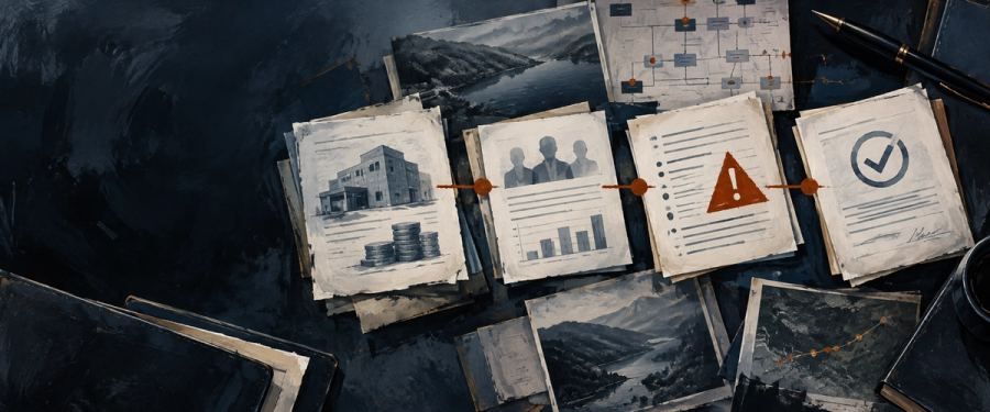 Compliance records connected by an evidence trail across a dark review desk.