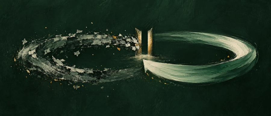A rough painted loop passes through a narrow checkpoint and returns as a clean path.