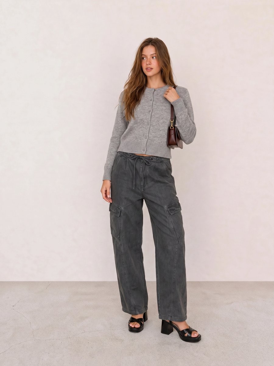 Korean fashion outfit with a grey cardigan, grey cargo pants, and black platform sandals