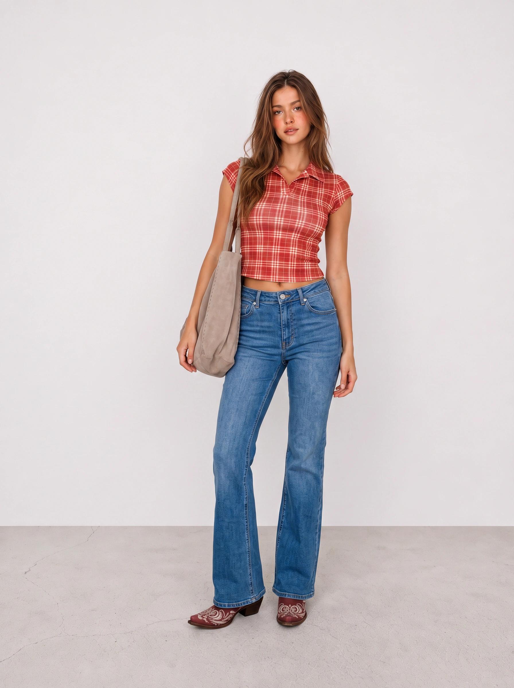Red Plaid Top and Blue Flared Jeans Western Outfit