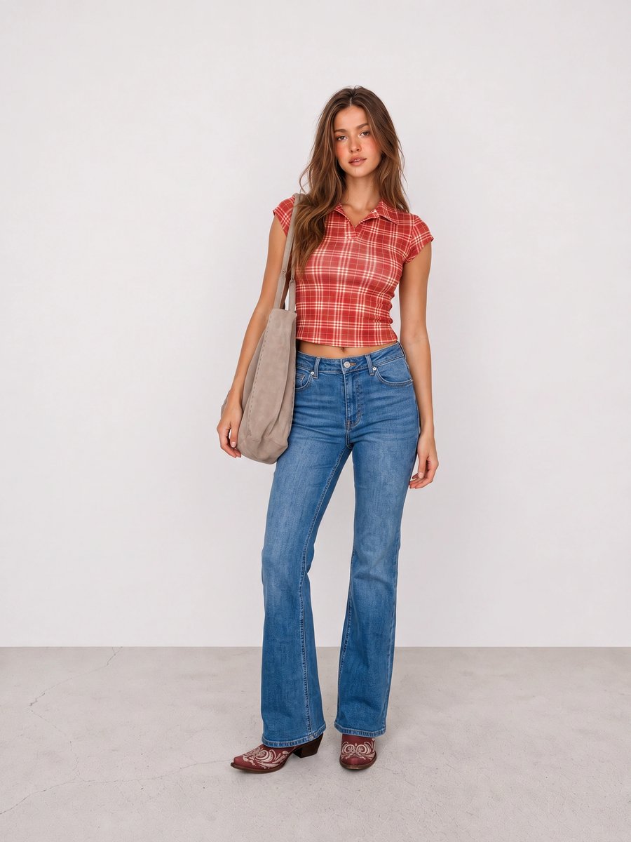 Woman wearing a red plaid top, blue flared jeans, and red embroidered cowboy boots