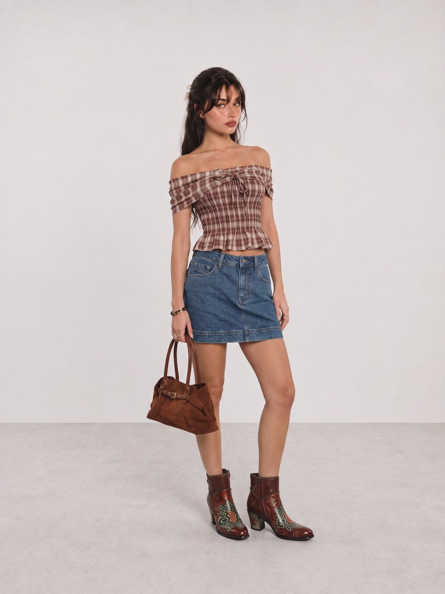 Woman wearing a brown plaid off-shoulder top, denim mini skirt, embroidered ankle boots, and a suede bag