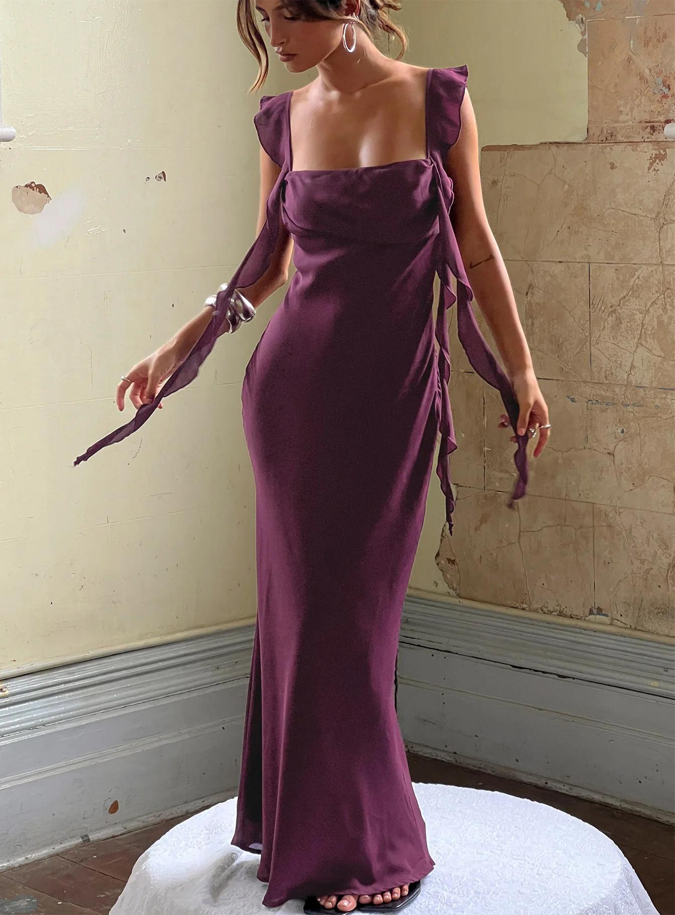 Plum Satin Ruffle-Strap Maxi Dress