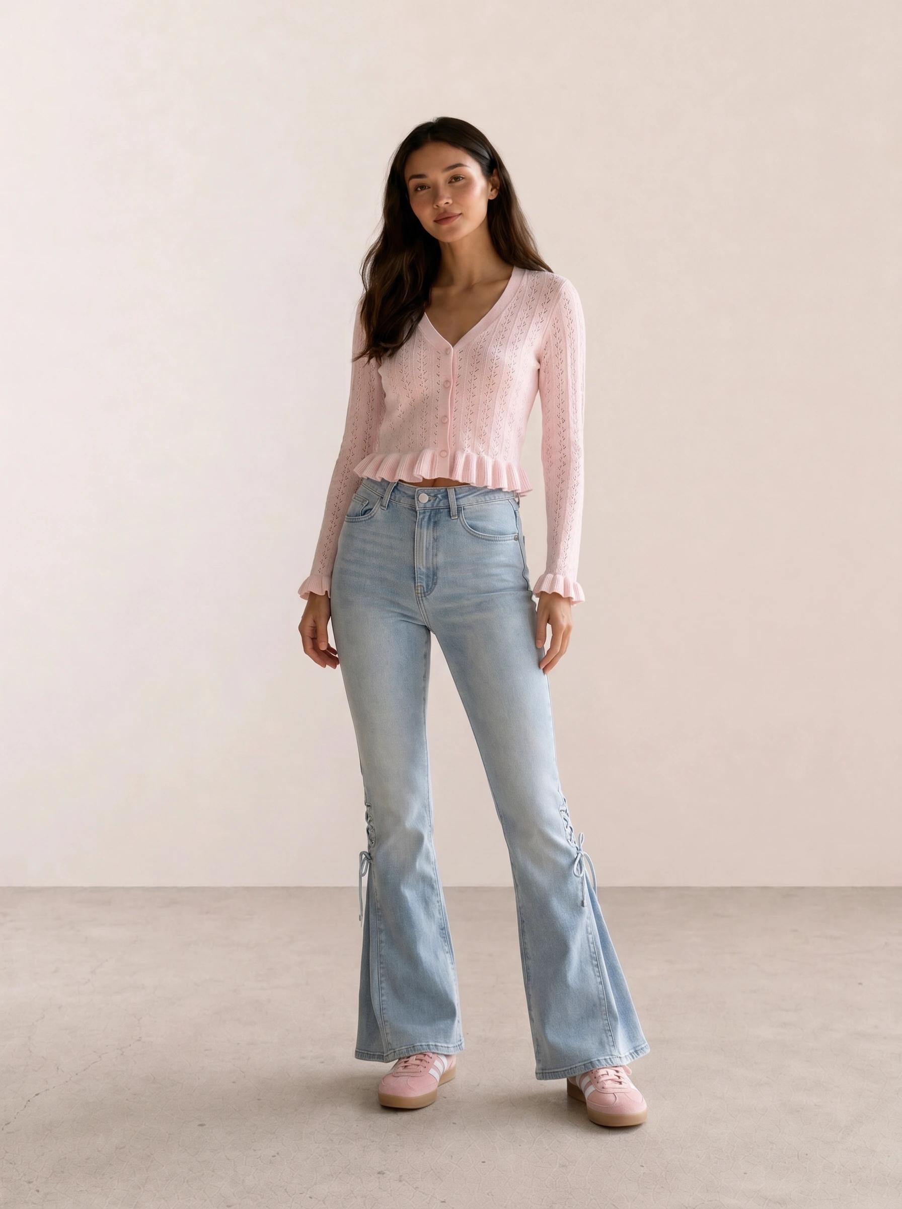 Pink Fuzzy Cardigan & Lace-Up Flare Jeans