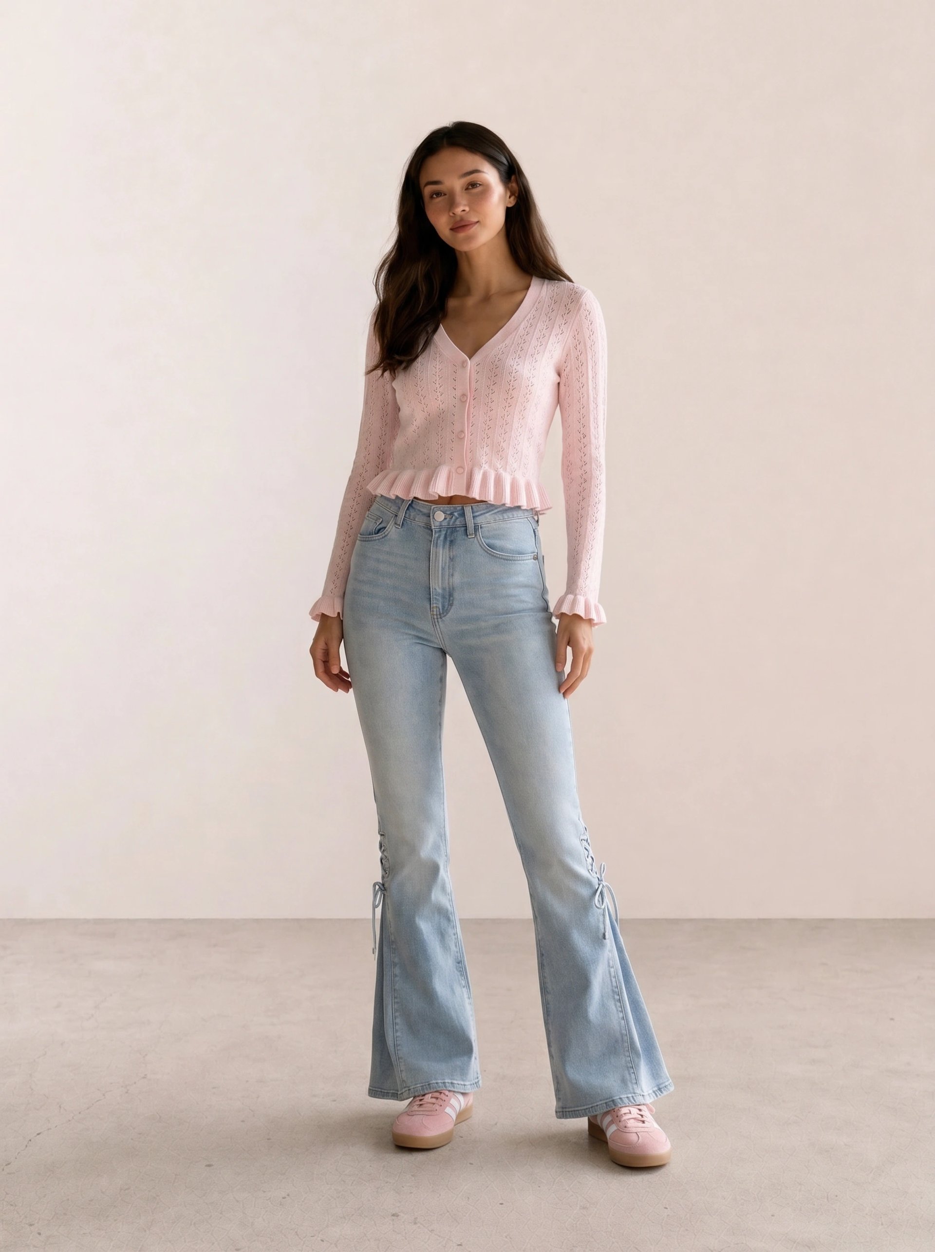 Pink fuzzy open-front cardigan with lace-up flare jeans and pink Adidas Gazelle sneakers