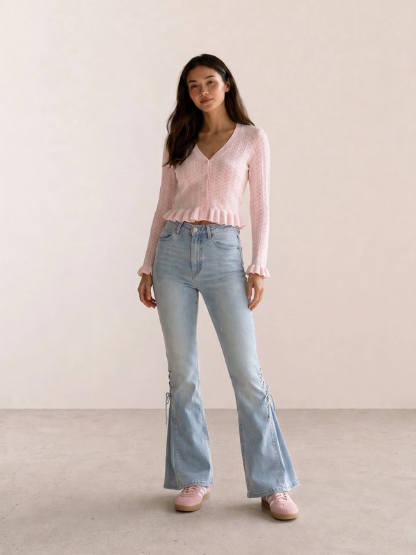 Pink Fuzzy Cardigan & Lace-Up Flare Jeans