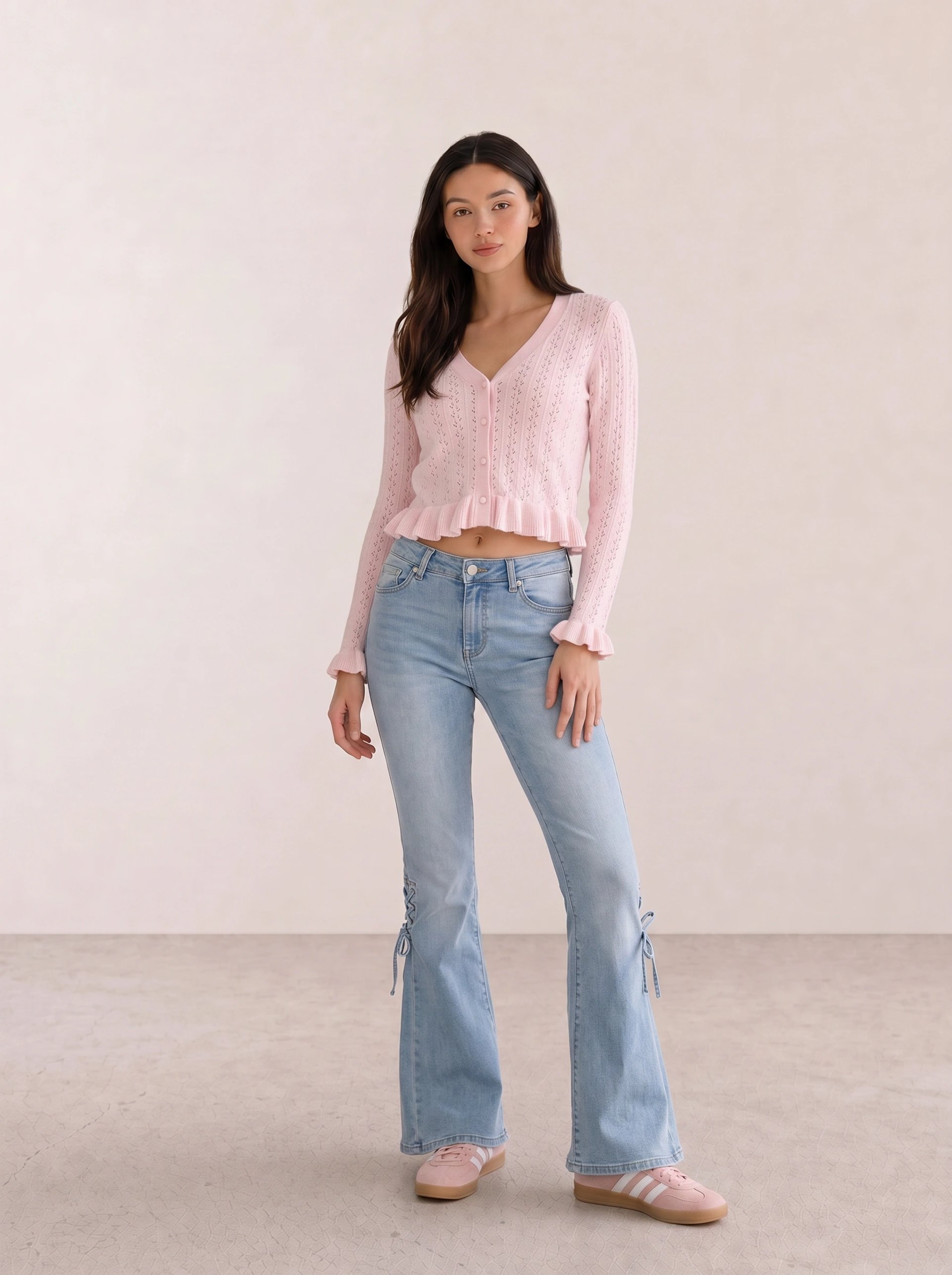 Pink Fuzzy Cardigan & Lace-Up Flare Jeans