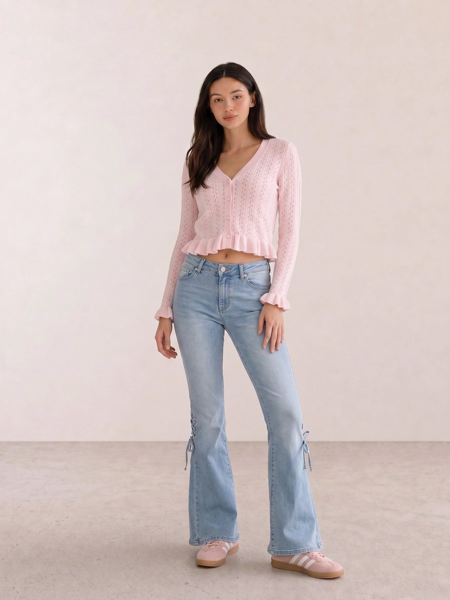Pink fuzzy cardigan with lace-up hem flared jeans and Adidas Gazelle pink sneakers