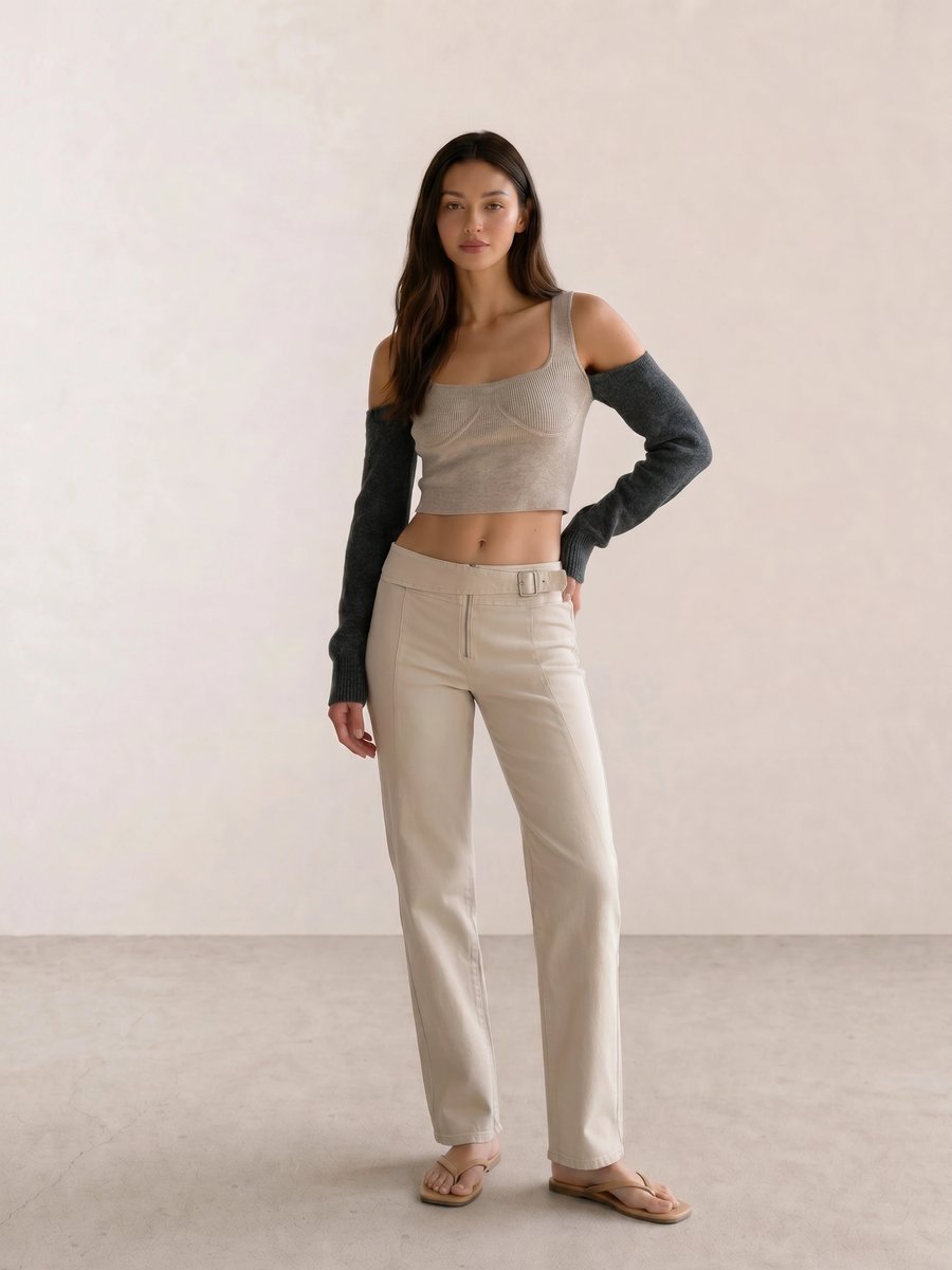Basic casual outfit with a beige bustier knit top, cream trousers, and tan flip-flop sandals