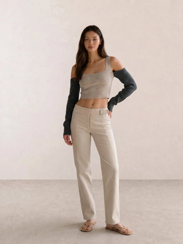 Beige Bustier Knit Top & Cream Trousers