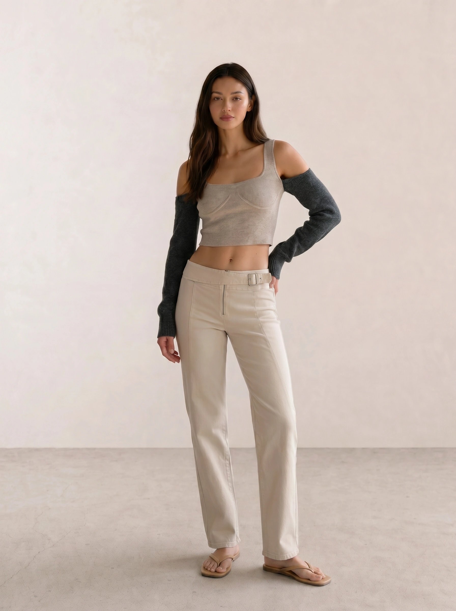 Beige Bustier Knit Top & Cream Trousers