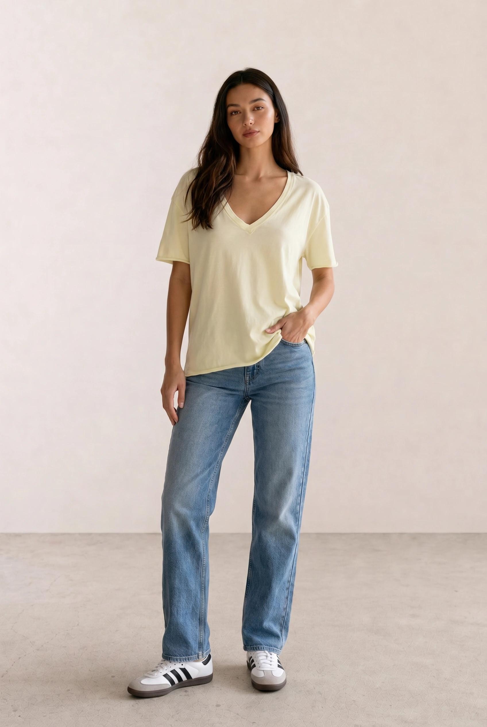 Pale Yellow V-Neck Tee & Blue Straight Jeans