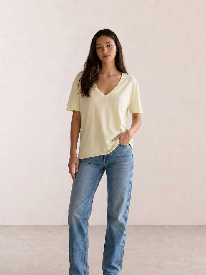 Pale Yellow V-Neck Tee & Blue Straight Jeans