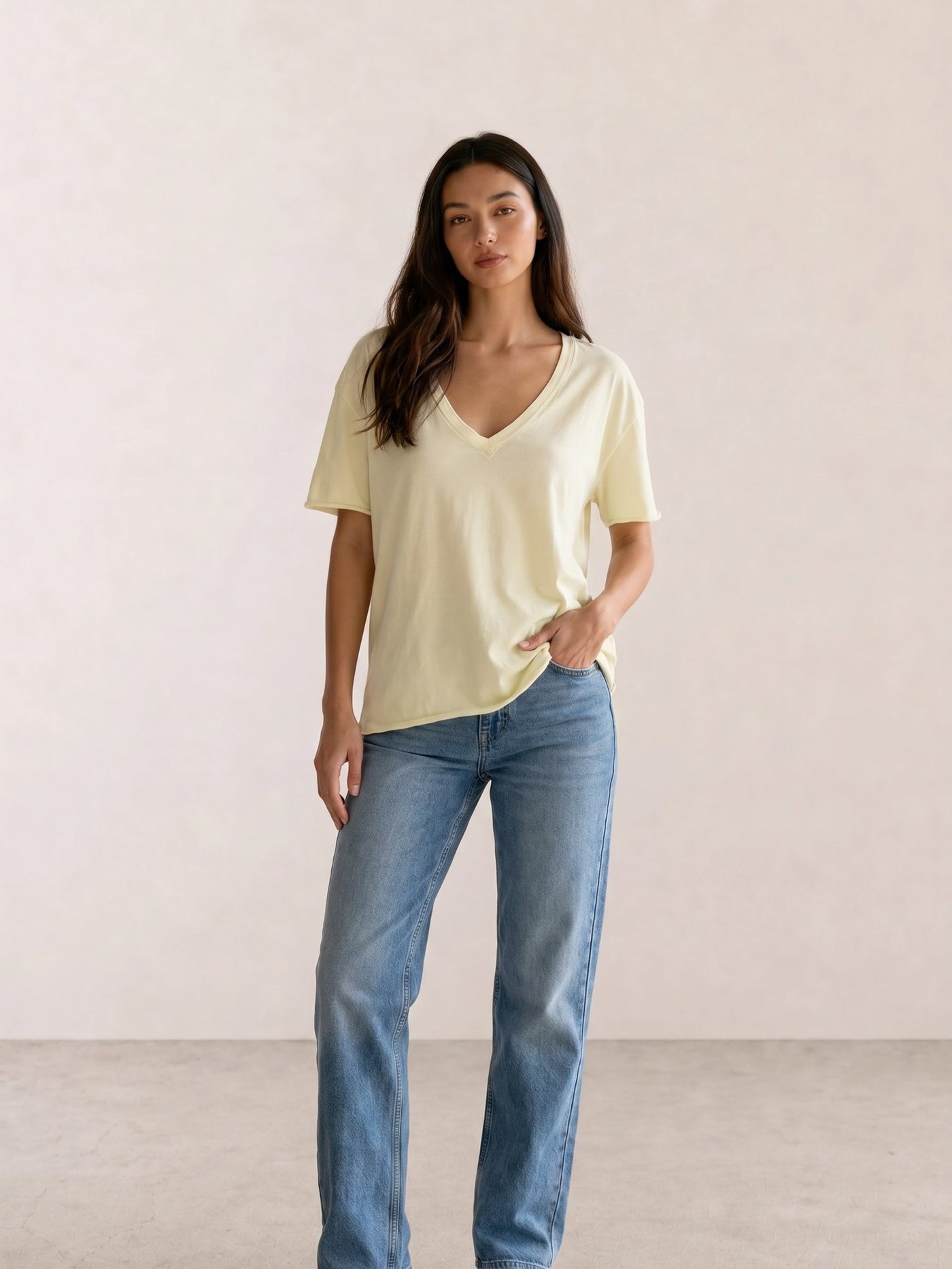 Pale Yellow V-Neck Tee & Blue Straight Jeans
