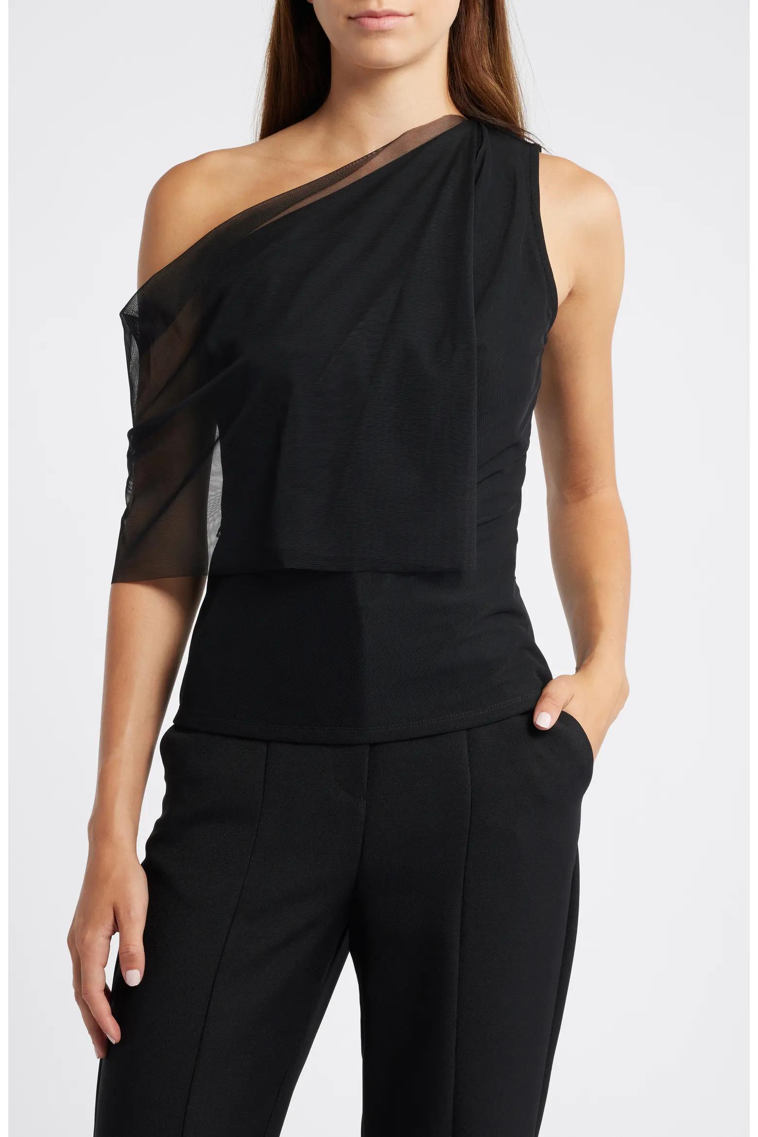 Black One-Shoulder Mesh Top